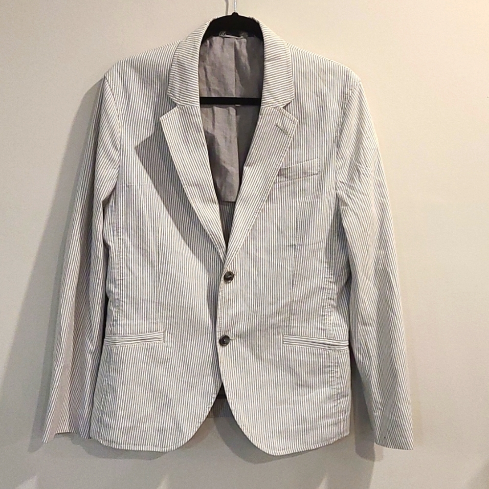 Armani Exchange cotton and wool grey and white striped casual blazer
